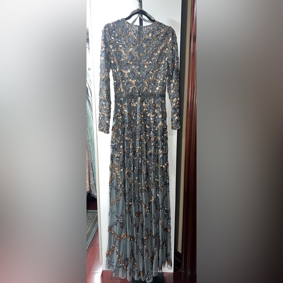 Lattice sequined illusion neckline long sleeve A-line gown - Picture 10 of 12